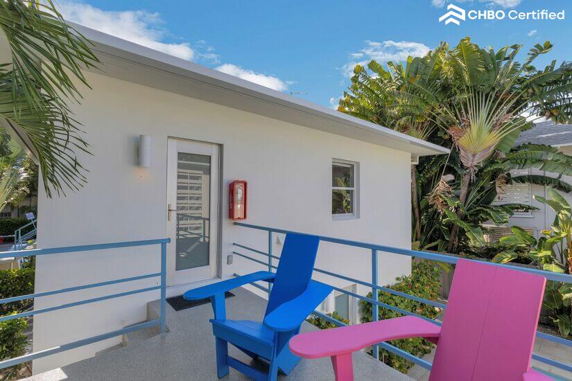 Balcony overlooking pool and park