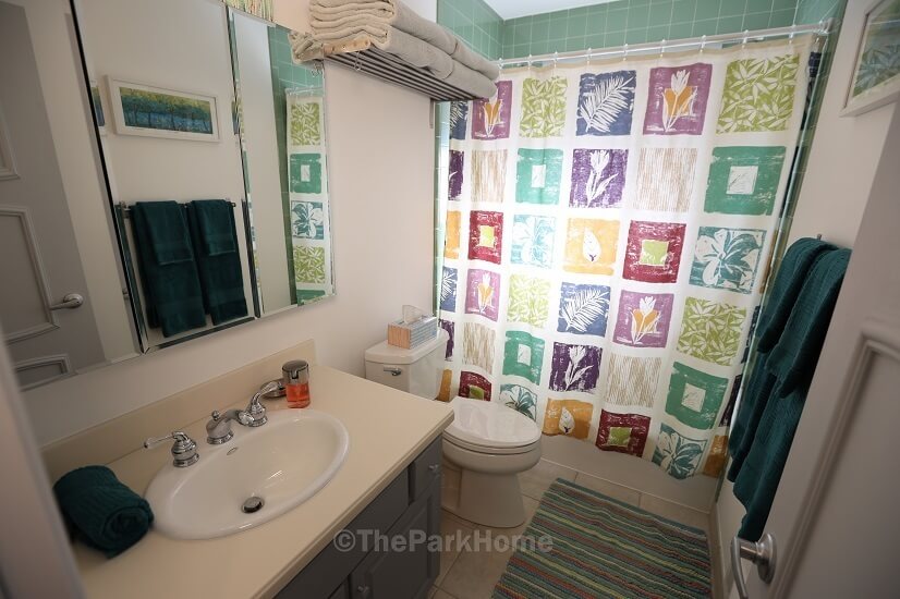 Hall bath with full sized tub.  Two closets in the hallway.