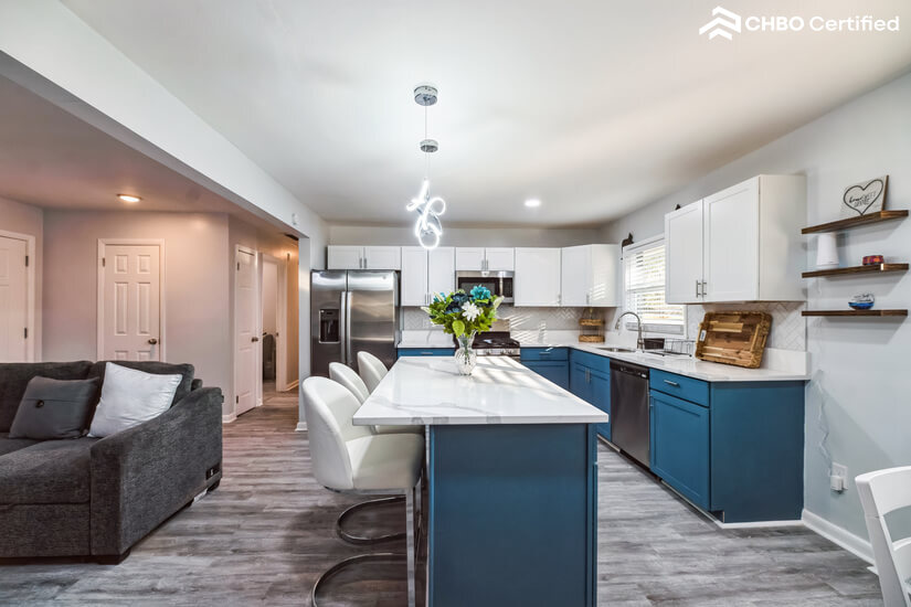 Side View of Beautiful Beachy Style Kitchen