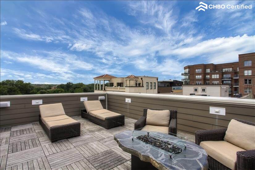 Rooftop lounge area with gas granite fire tab