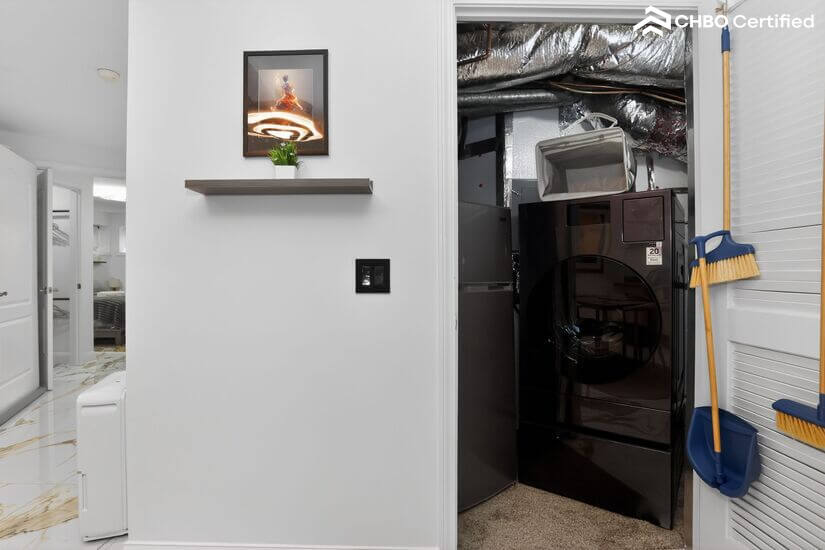 Samsung washer/dryer, 2nd Refrigerator, & cleaning supplies