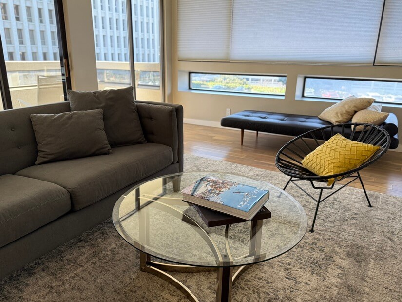 Living room with downtown skyline views