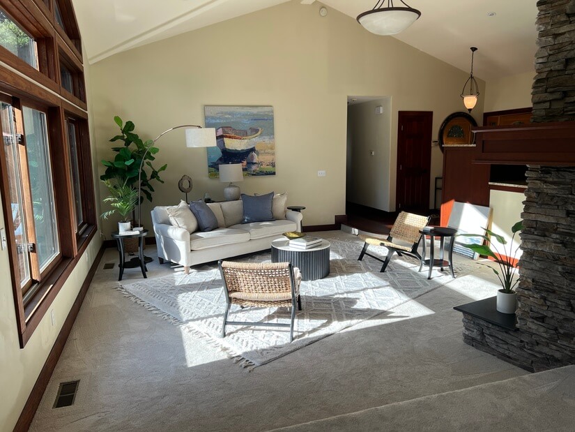 Sunk-in living room from double french doors.