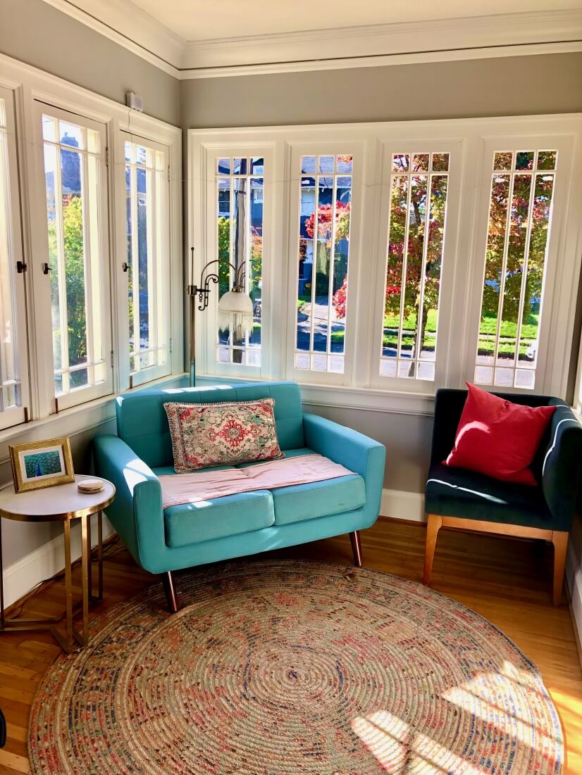 Reading nook, windows on all sides