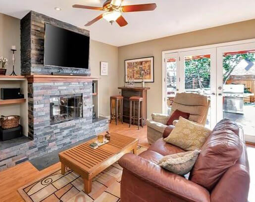 cozy living room - gas fireplace, sound bar,