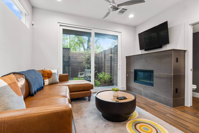 Cozy modern home with a remote control, gas fireplace