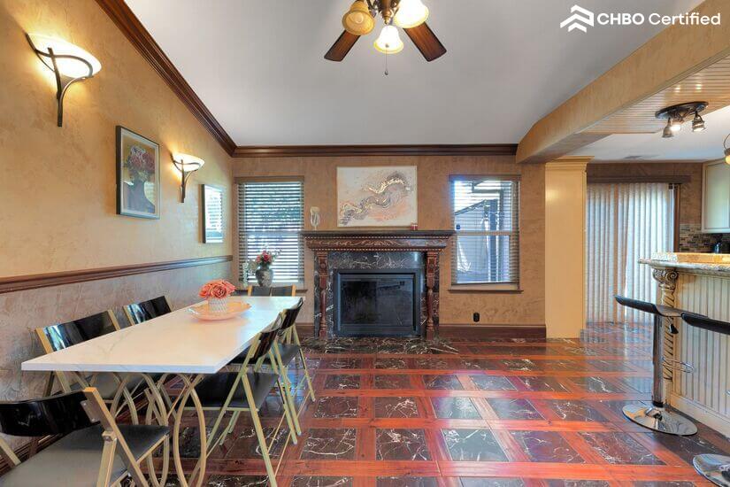 Dining room with beautiful fireplace