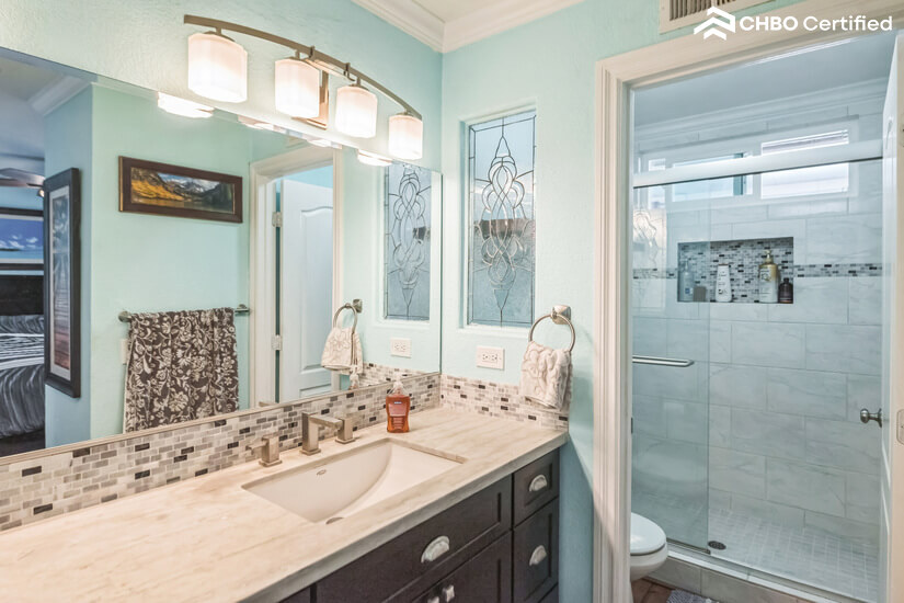 Master attached bathroom with double sink.