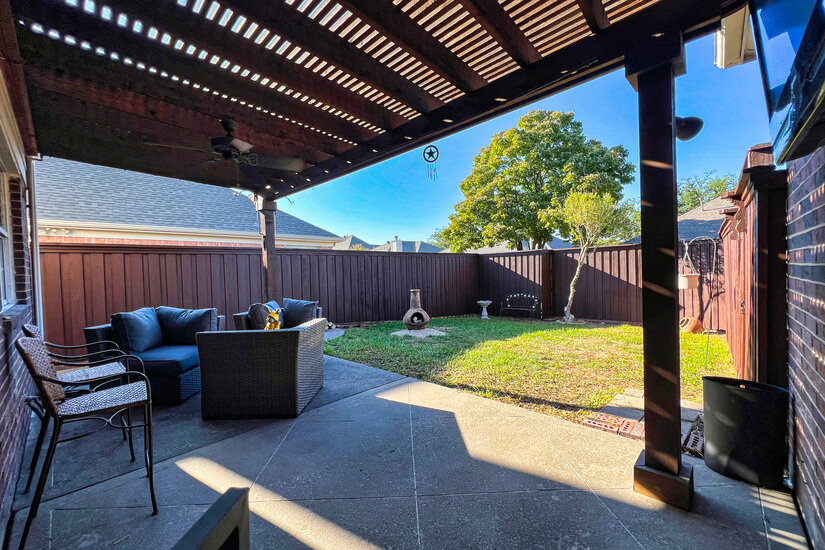 Covered patio, pet friendly fenced backyard