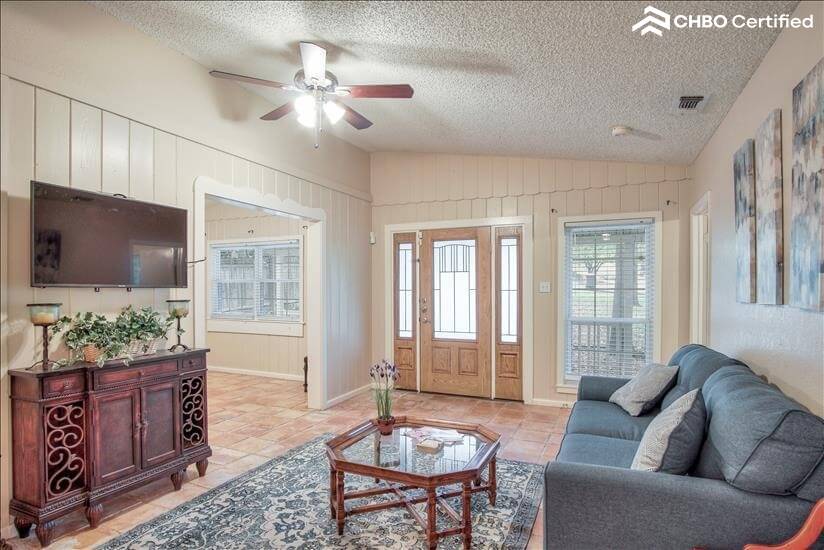 Living room and front entry door