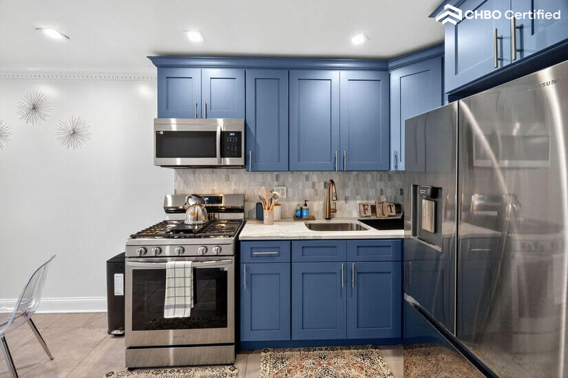 Kitchen with stove and microwave