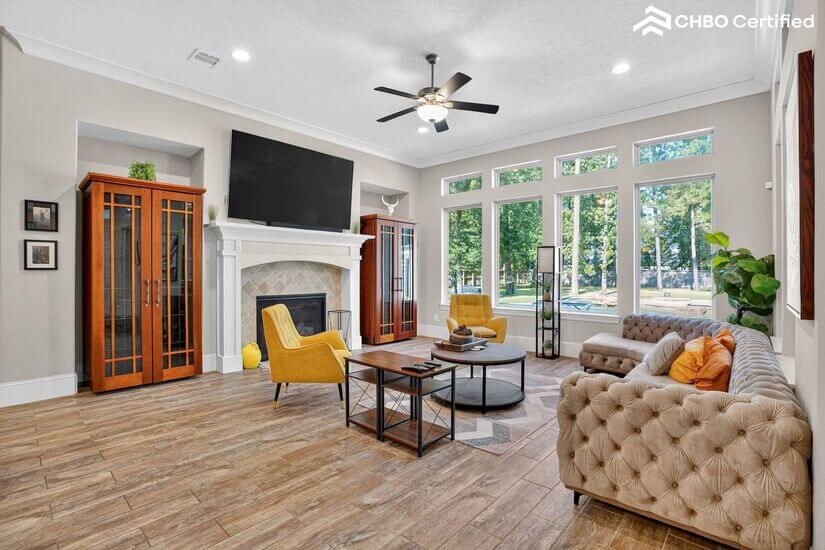 Cozy living room with fireplace and Wine Chillers