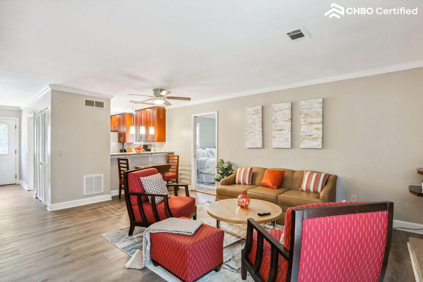 Living room with view of kitchen