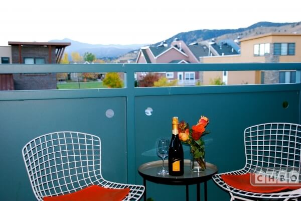 South-facing balcony; view of the Flatirons.