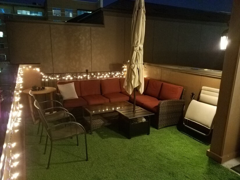 Rooftop Patio at night. With new turf!