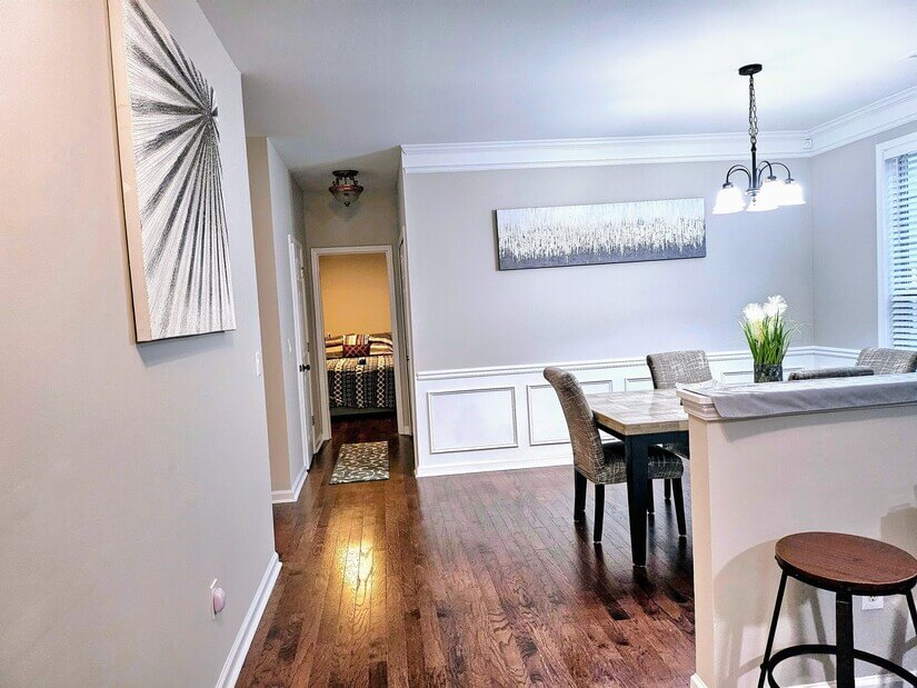 A half wall designates the eating areas.