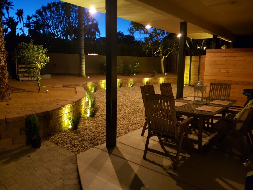 Outside patio and backyard at night