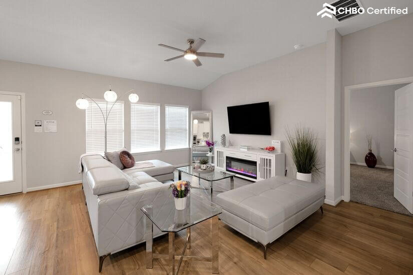 Relax after work with a Smart TV and electric fireplace.