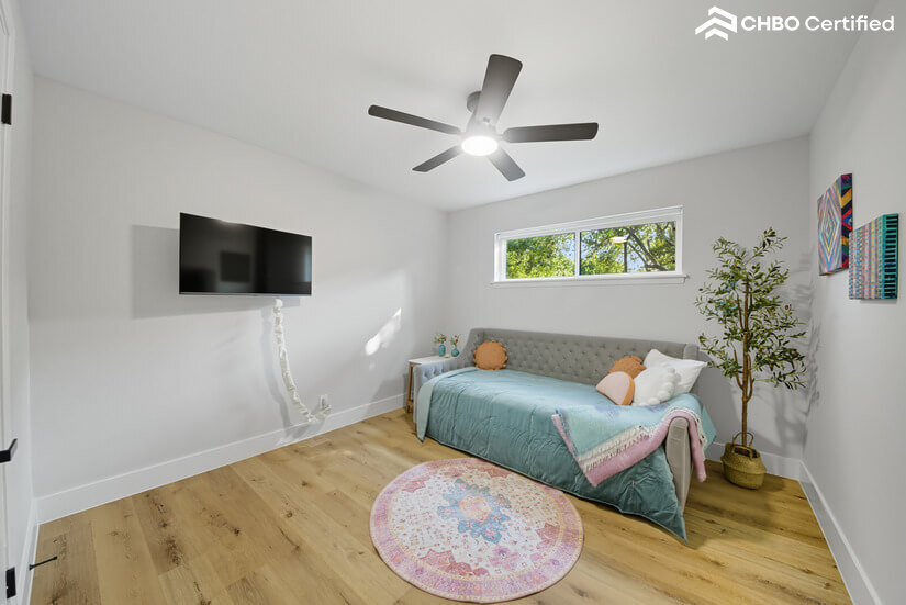 Cozy and chic bedroom with large closet and smart TV