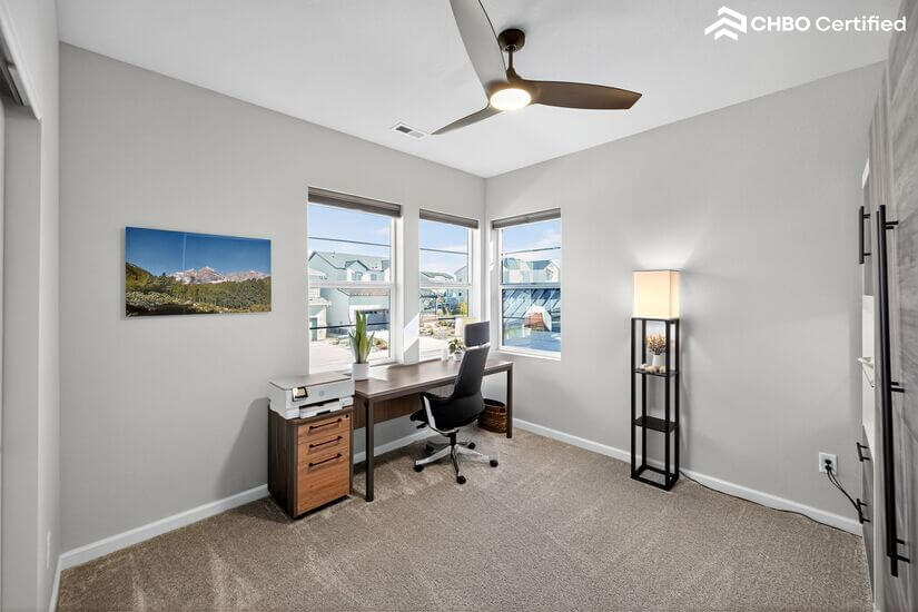 Dedicated office w/ desk, ergo chair, file cabinet & printer