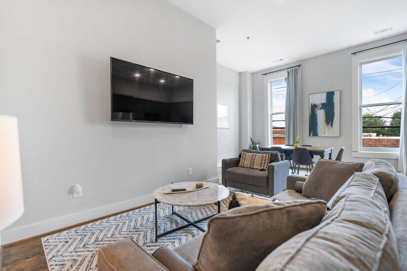 Oversized Smart TV. WiFi is available to enjoy shows.