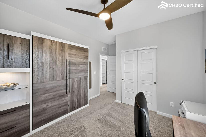 Dedicated office upstairs with Queen Murphy bed, ceiling fan