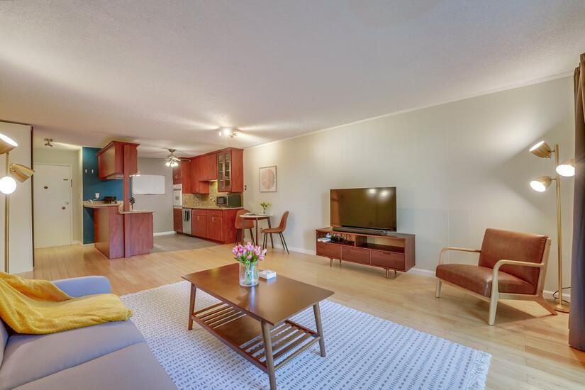 Living room looking toward kitchen