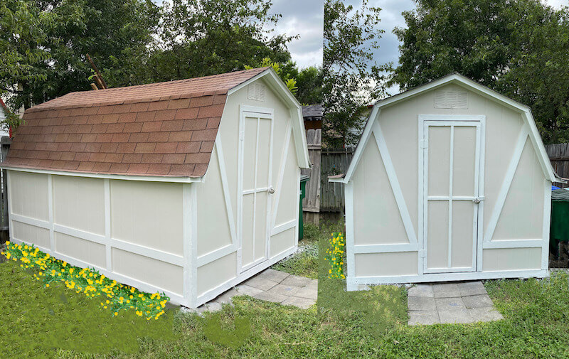 Gingerbread tool shed for storage at the back