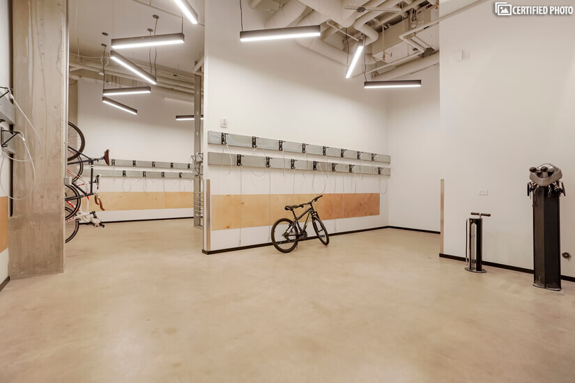 Bike storage with pump area.