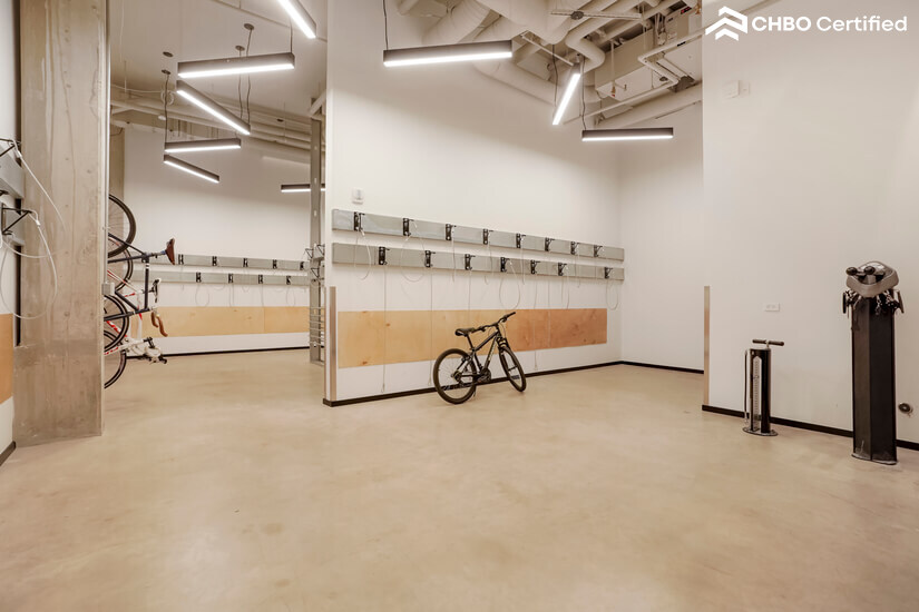 Bike storage with pump area.