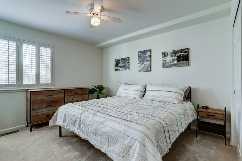 Primary bedroom (king bed, 2 dressers, closet, and TV)