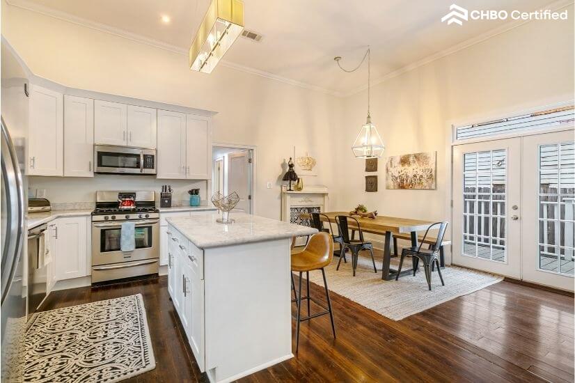 Open kitchen and dining table for large group