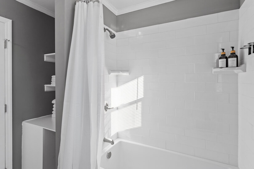 Shower-bath combo with subway tile