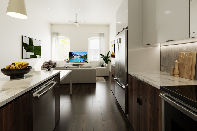1BR Kitchen and Living Room