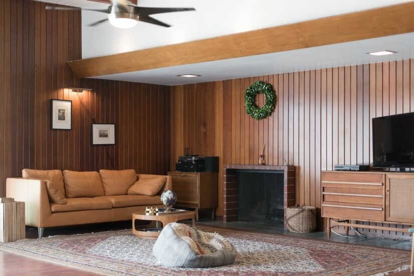 Living room with wood burning fireplace