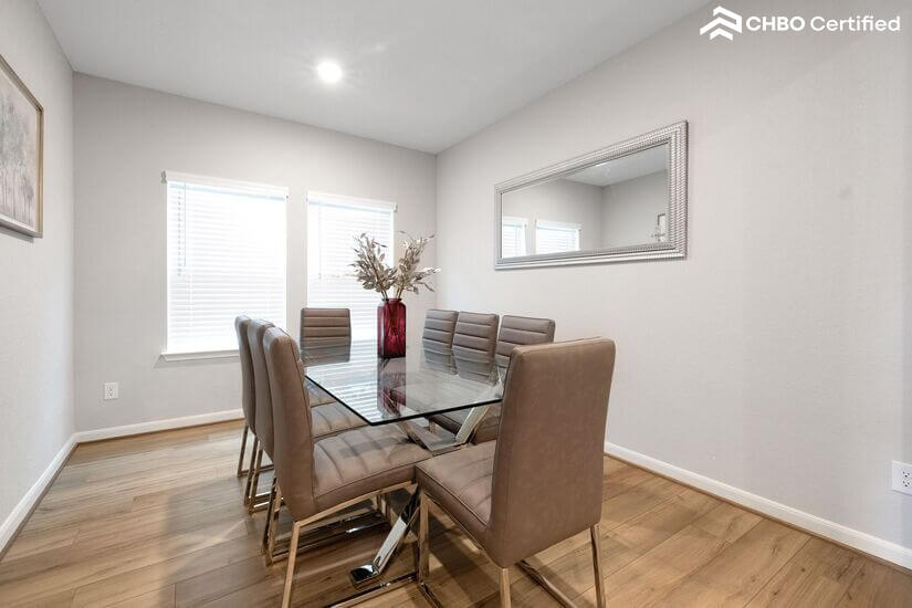 Elegant formal dining room with seating for eight.