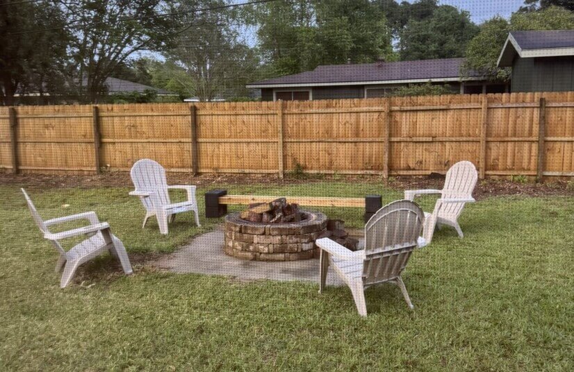 Fire pit, bench  & Adirondack chairs