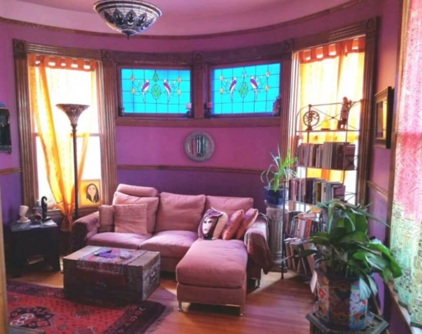 Purple Parlor with beautiful stained glass