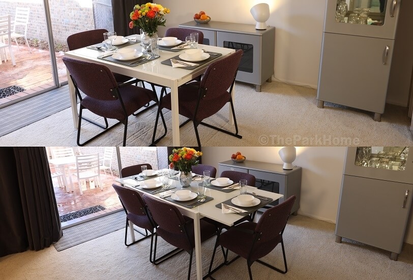 Expandable dining table – seating for 4 or 6 shown.