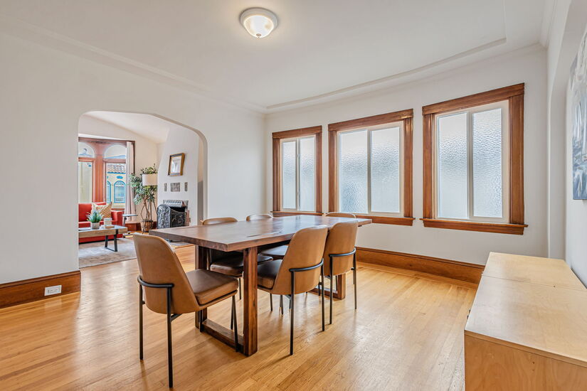 Dining area overlooking living area