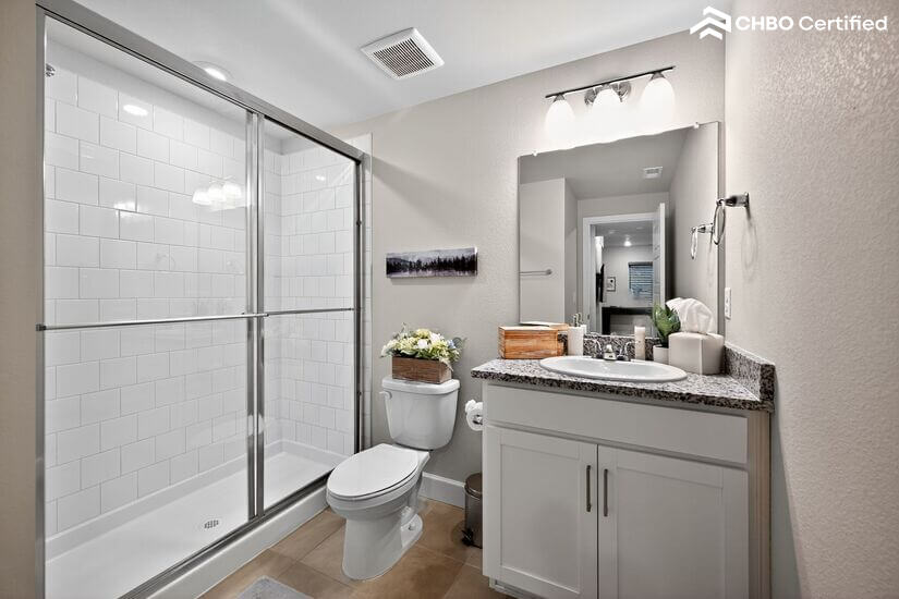 Basement guest bath with vanity and shower