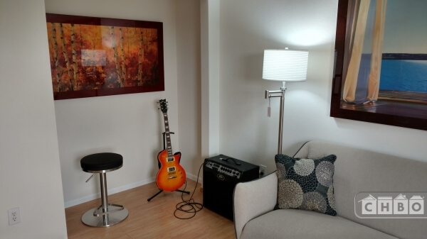Music room with electric guitar and drums