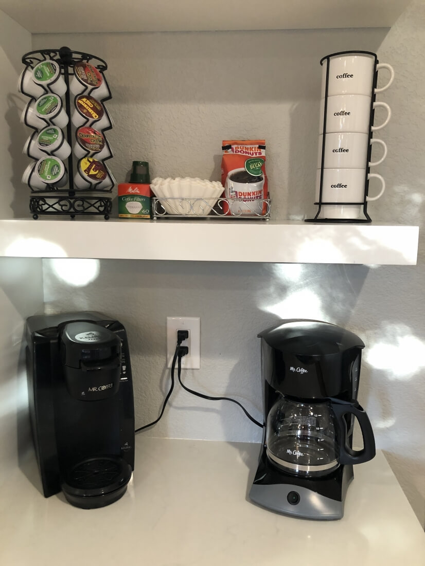 Kitchen coffee bar with Keurig and Mr. Coffee