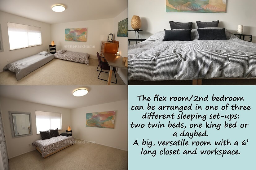 Flex/2nd bedroom has 3 set-up options (low profile beds).