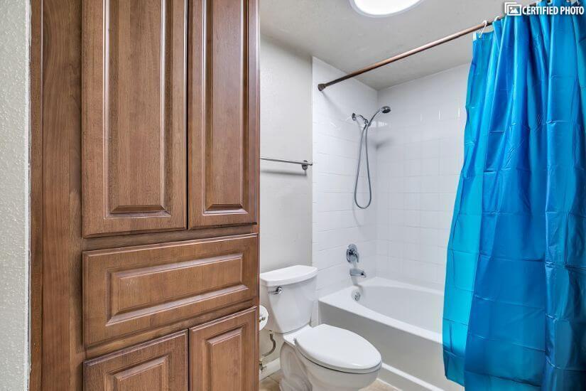 Shower/bath and toilet are separate from vanity area.