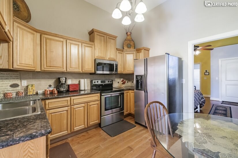 Kitchen, new cabinets and updated appliances.