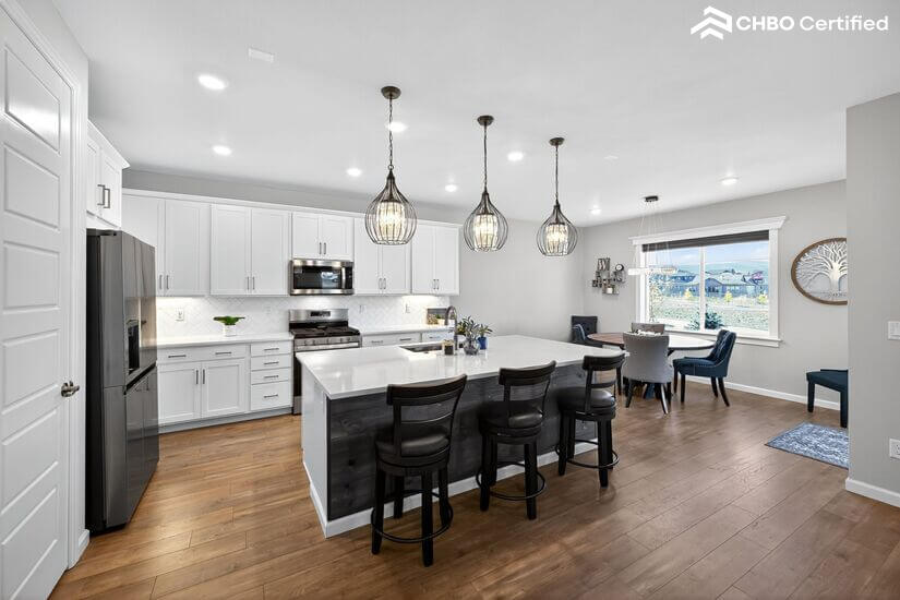 Modern kitchen with countertop seating for 3