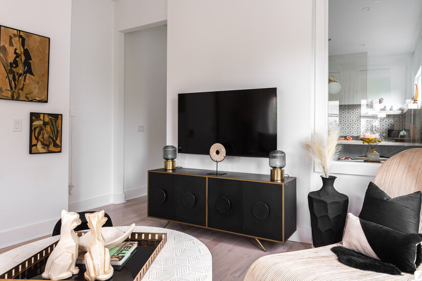 Open-concept layout with smart tv