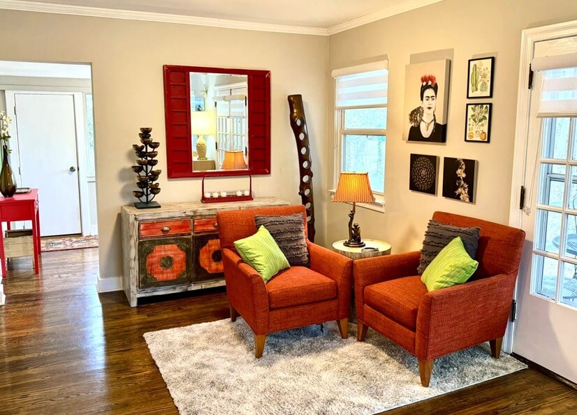Living room, extra seating, custom furniture, & wine tree!