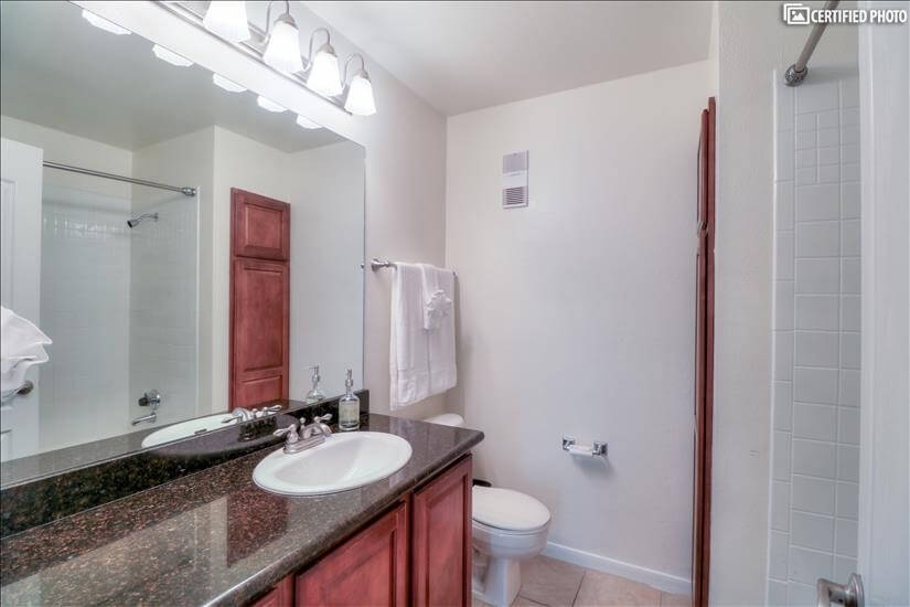 Second bathroom with shower over bathtub.